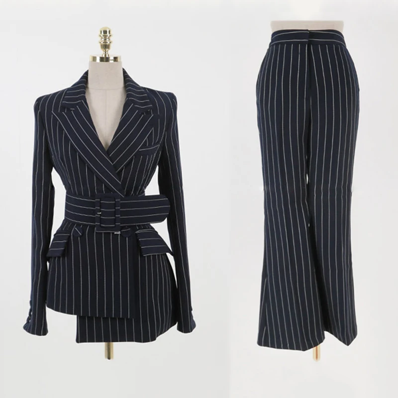 Women\'s Double Breasted Striped Blazer Jacket and Trouser, Office Lady Suit, Work Fashion Pant Suits, Spring, 2 Pcs Set