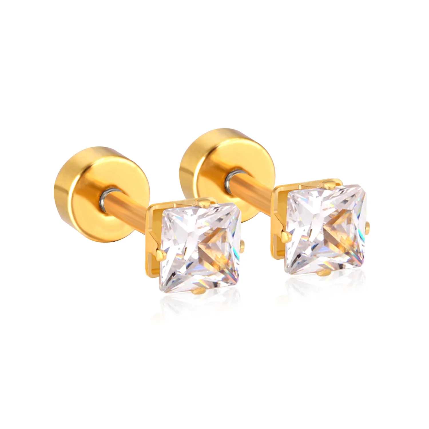LUXUSTEEL 3mm to 7mm Geometry Square Clear CZ Cubic Zirconia Earrings With Small Stainless Steel Golden Screw Stud Earrings