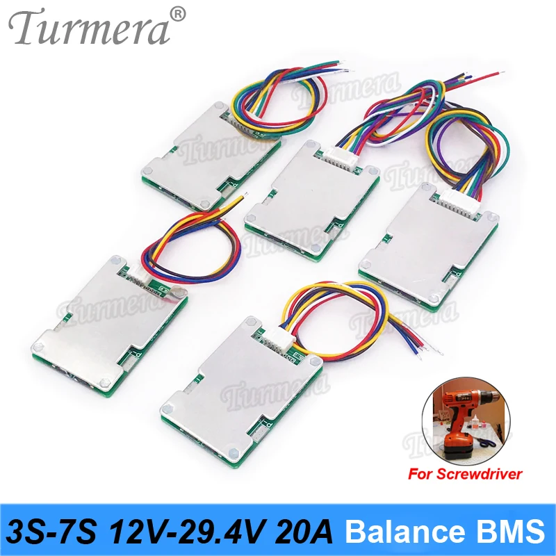 

Turmera 3S 5S 6S 7S 10S 20A BMS 12V 21V 25V 29.4V 36V 18650 Li-ion Battery Protection Board with Balance for Screwdriver Battery