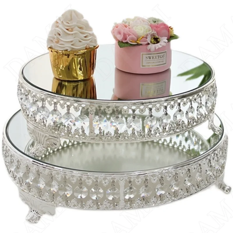 Hollow Out Mirror Trays Decorative Nordic Modern Crystal Embellishment Cake Stand Silver Plated Mirror Storage Tray Home Decor