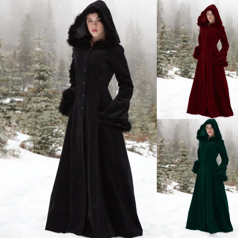 New Renaissance Medieval Costume Womens Autumn Long Coat Dress VIntage Fur Hooded Maxi Trench Coat Cosplay Outwear plus size