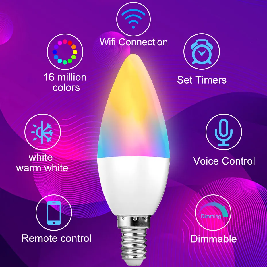 Tuya E14 Smart Led Bulb 5W RGB Dimmable Light LED Candle Bulb Compatible with Alexa Google Home / Smart Life APP Remote Control