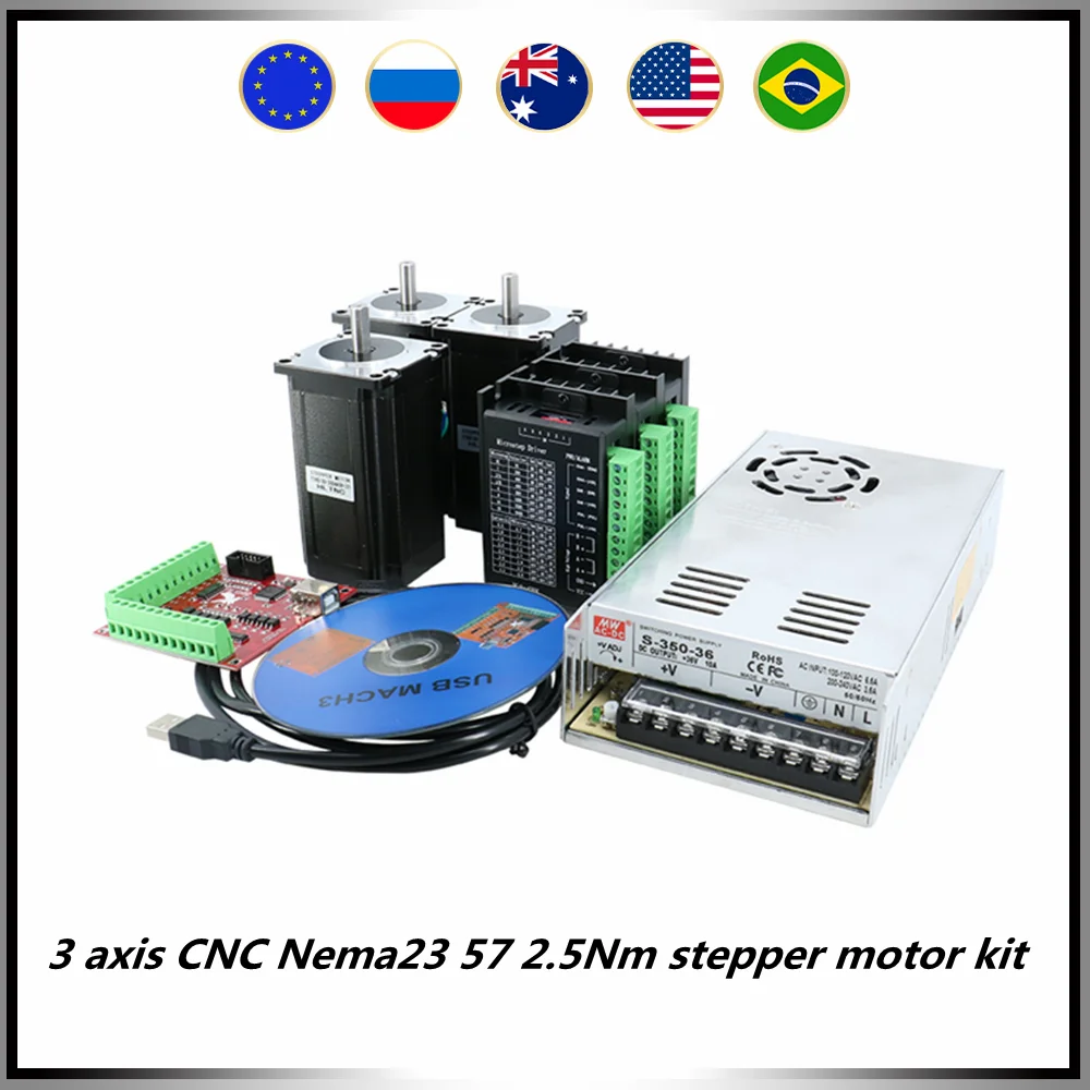 3 axis CNC Nema23 57 stepper motor kit include 3 pcs 2.5Nm 3A motor +3 pcs drivers + 1 pcs 350w36v power supply + MACH3 card