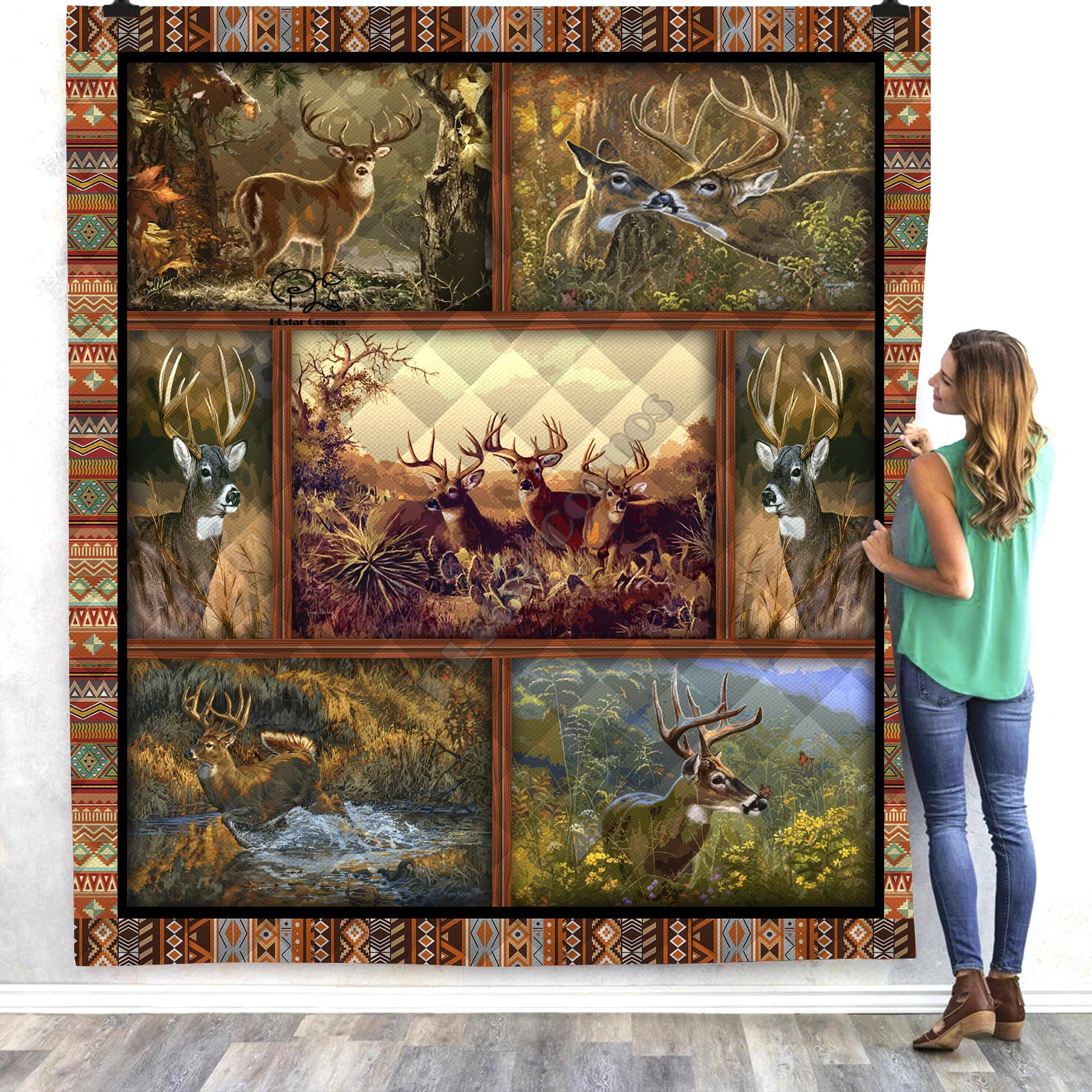 Hunter Deer Viking Tattoo Deer 3D Quilt Blanket Bedding Throw Soft Warm Thin Office Blanket With Cotton style-2