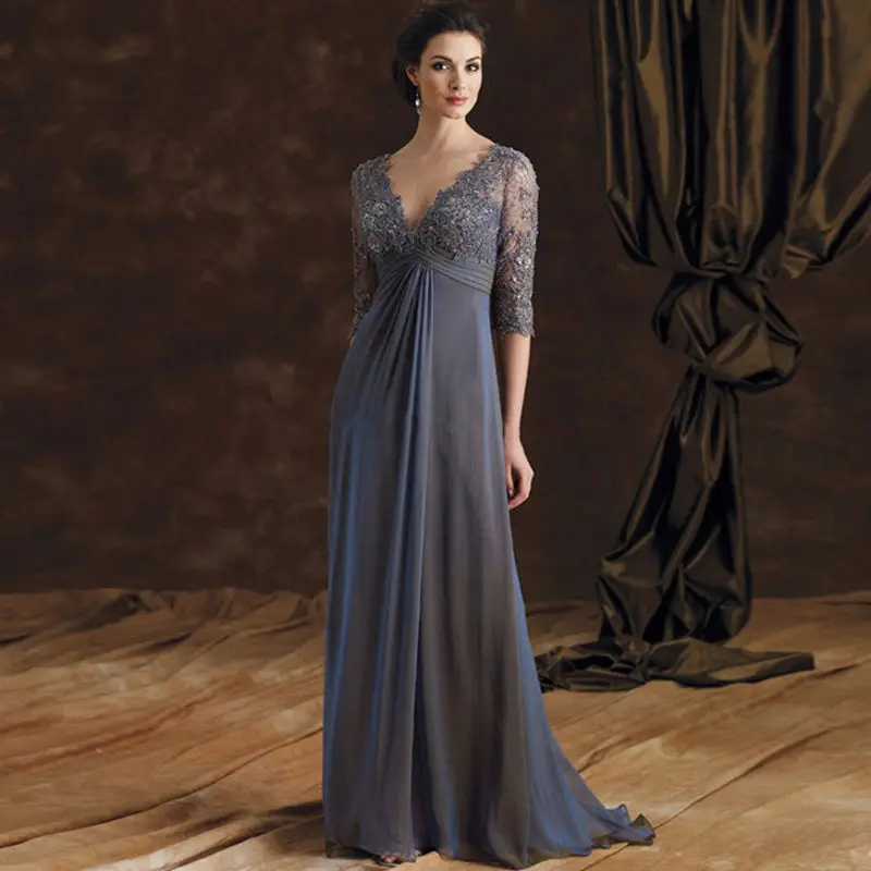 

Gray Mother Of The Bride Dresses A-line V-neck Half Sleeves Chiffon Lace Plus Size Groom Long Mother Dresses For Wedding