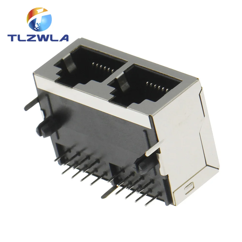 1PCS 1*2 RJ45 Metal 16 Pin Female PCB Right Angle Board Jack Connector 8P8C Crystal Head Socket 1x2 21mm Network Interface