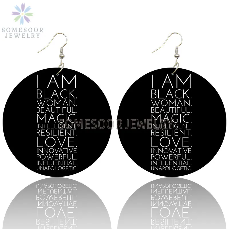 SOMESOOR I AM Black Beautiful Magic African Wooden Drop Earrings Powerful Inspire Sayings Printed Ear Loops For Women Gifts