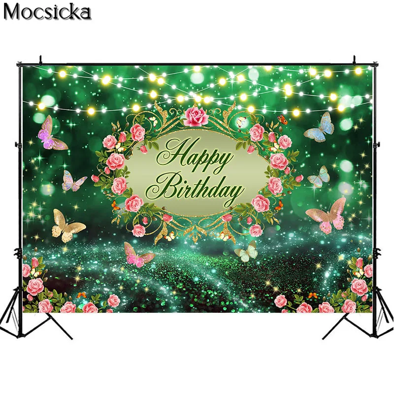 Happy Birthday Butterfly Wonderland ฉากหลัง Dream สีเขียวป่าดอกไม้เด็กวันเกิดภาพพื้นหลัง