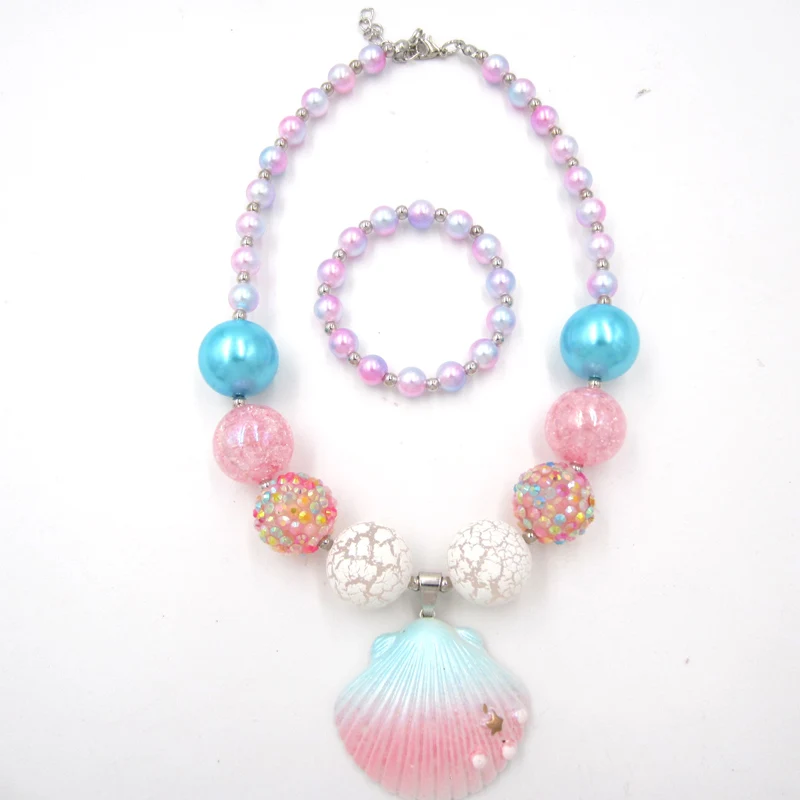 1Set/Lot NEW Child Girls Love Pink Shell Design Pendant With Chunky Bead Bubblegum Necklace Bracelet Jewelry Set For Kids Gift