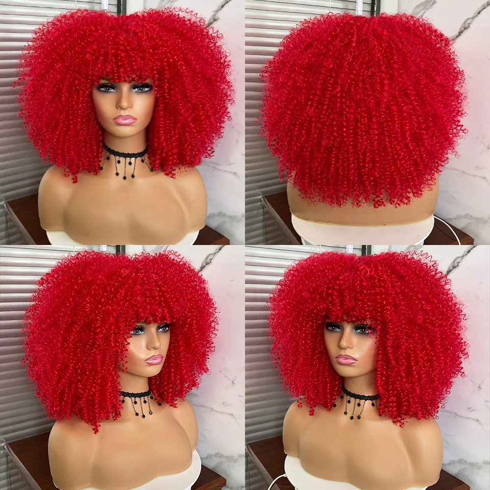 Short Hair Afro Kinky Curly Wigs With Bangs For Black Women African Synthetic Ombre Cosplay Wigs High Temperature Felek