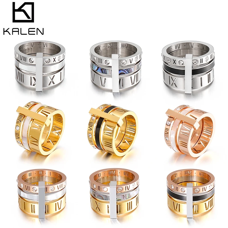 Kalen Rhinestone Rings For Women Stainless Steel  Femme Roman Numerals Finger Anillos Wedding Engagement Bands Fashion Jewelry