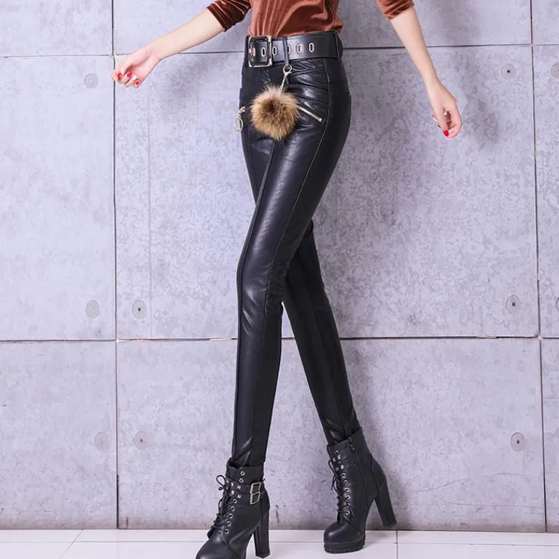 Women PU Leather Pants 2024 New Autumn High Waist Pants Faux Leather Skinny Pencil Pant Sashes pockets Tight Trousers Black P513