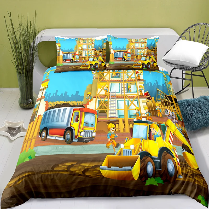 Home Textiles Printed Cartoon Construction Truck Bedding Quilt Cover & Pillowcase 2/3PCS US/AE/UE Full Size Queen Bedding Set