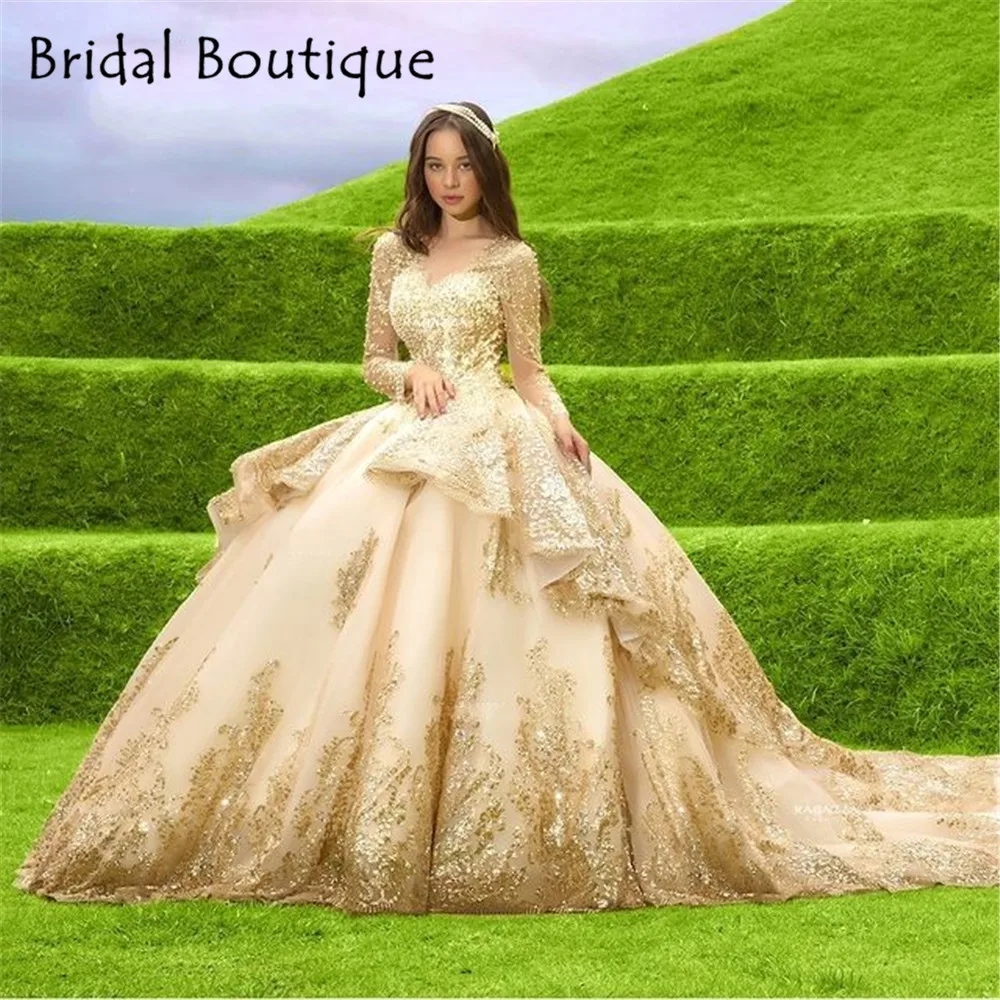 Rotterdam-Robe de princesse Quinceanera, manches longues, paillettes appliquées, perles, Cendrillon, Sweet 16, robe éducative à lacets, 15 ans, kl, 2024