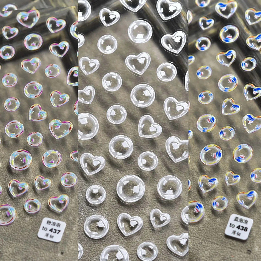 5D Nail Art Sticker White/Pink/Blue/Rainbow Heart Bubble Gum Design Ultra-Thin-Tough Manicure Self-Adhesive 3D Nail Decal Slider