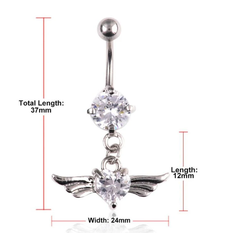 14G Heart Wing Crystal Navel Belly Button Ring Barbell Body Piercing Jewelry