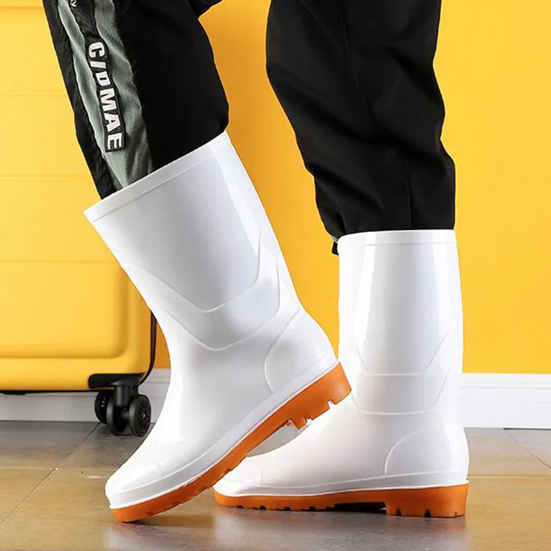 2021 Autumn White Rain Boots Men Non-slip Waterproof Work Water Boots Mid-Calf Kitchen Shoes Winter Warm Rainboots