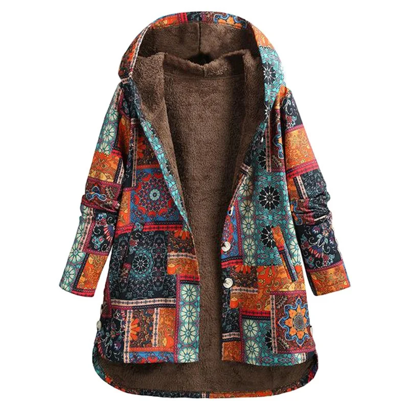 Vintage Women Winter Warm Floral Print Hooded Jacket Casual Long Sleeve Bohemia Faux Fur Ling Coat Ladies Loose Plush Outerwear