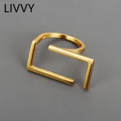 LIVVY Silver Color  Rings  Irregular Hollow Rectangle Rings  For Women Unique Design Handmade Jewelry Gift