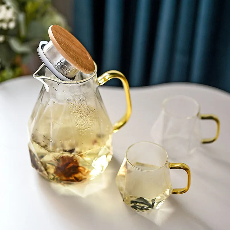1.5L Diamond Texture Glass Teapot Set Hot Cold Water Water Jug Transparent Coffee Pot Home Water Carafe Heat-resistant Teapot