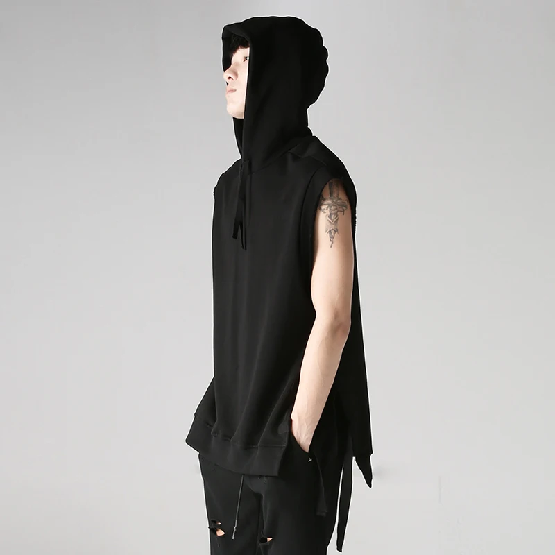 Spring and summer dark original trend brand European and American street casual webbing slit sleeveless vest hooded  men'