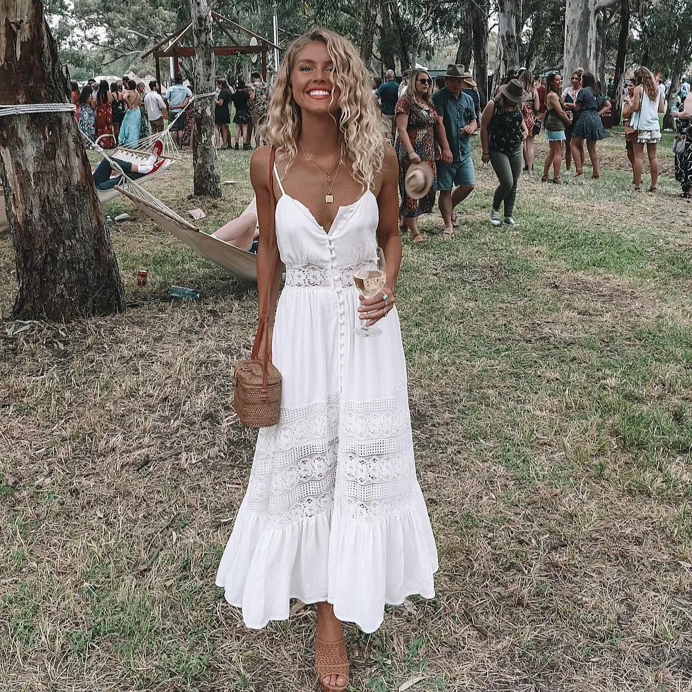 Boho Lange Maxi Jurk Vrouwen Zomer Zonnejurk Dames Mouwloos Kant Witte Strand Jurk Avond Party Casual Jurken Meisjes Vestidos