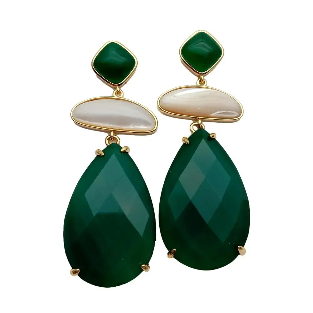 

Y.YING Green Agate Teardrop Shape White Shell Mother Of Pearl Dangle Earrings