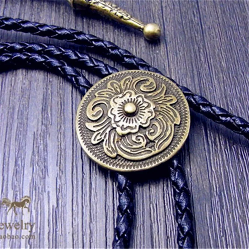 Art Bolo Tie Antique Brass Silver Color Flower Totem Round Buckle Adjustable Western Cowboy Novelty Ties