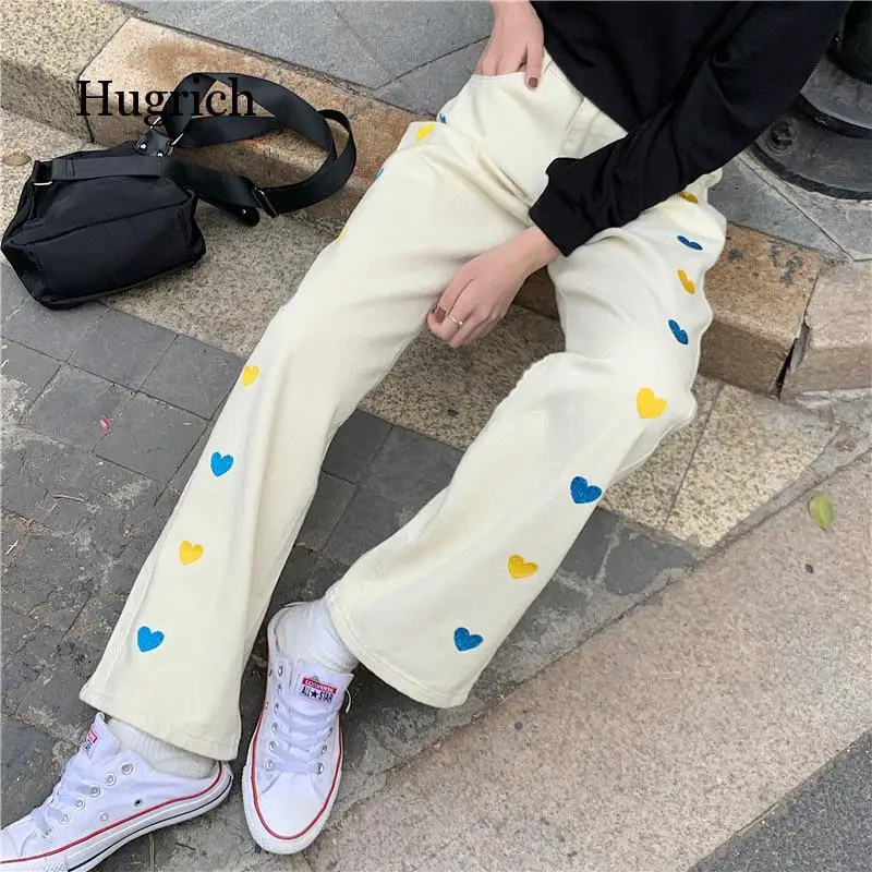 High Waist Straight Jeans Women's Korean Style Loose All Matching Large Size Casual Heart Print Wide Leg Pants