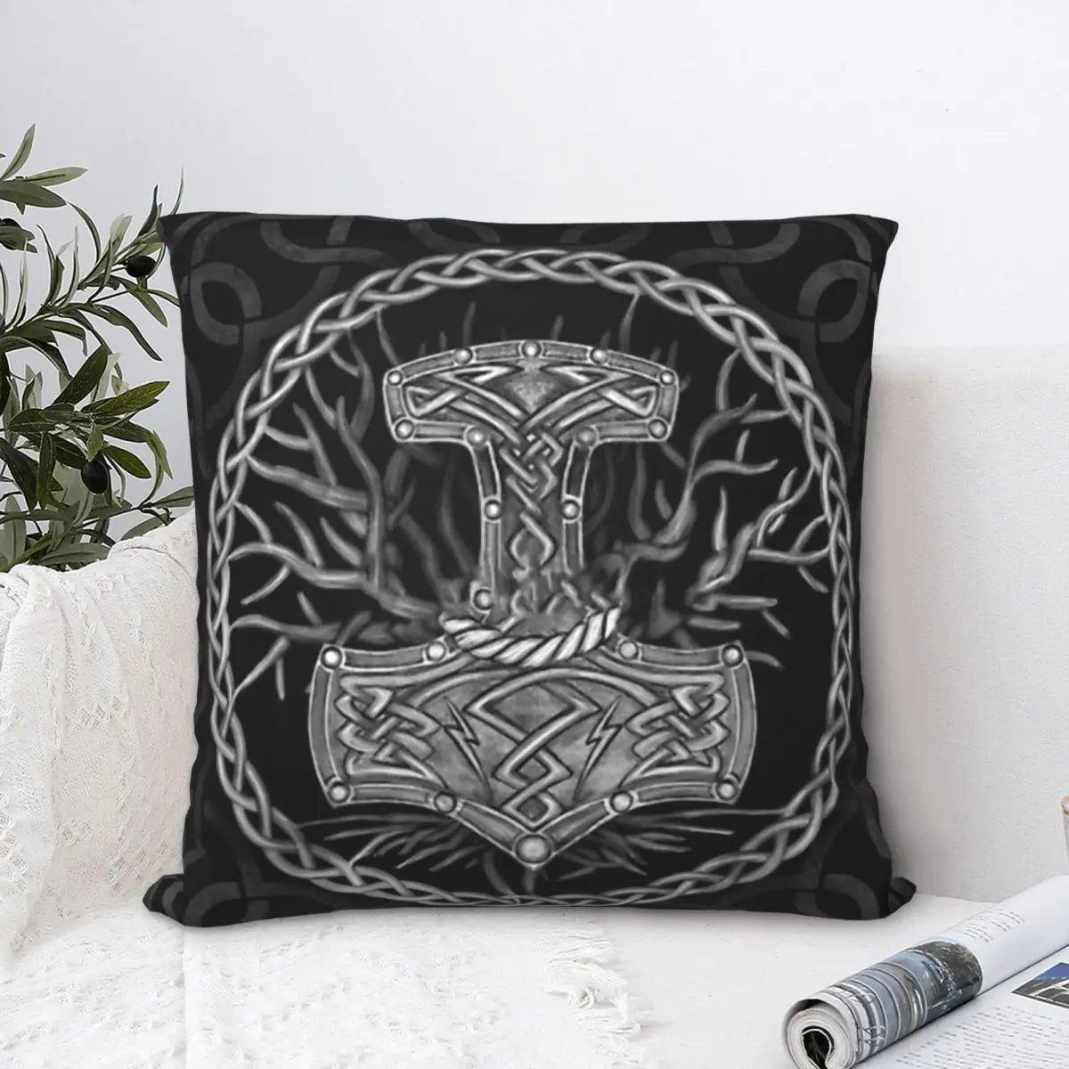 Mjolnir The Hammer Of Thor And Tree Of Life PillowCase Viking Norse Mythology Backpack Cushion Hug Pillowcase Decorative