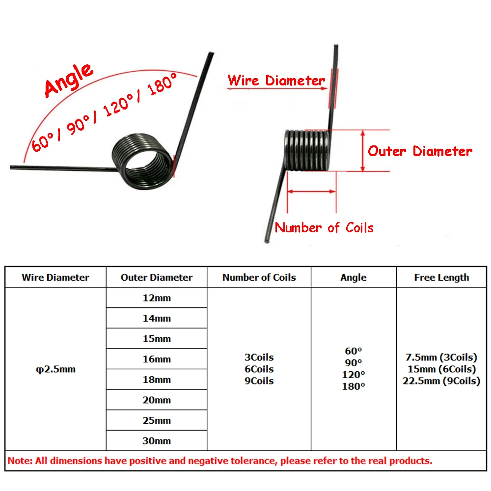 Yiqianyuan 10Pcs Torsion Spring Steel Wire Diameter 2.5mm Hairpin Springs 3/6/9 Coils Angles 60° 90° 120° 180° for DIY Crafts