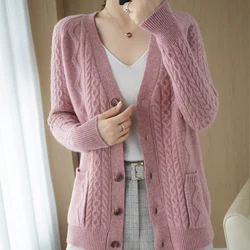 Autumn and Winter New Style 100% Pure Wool Sweater Women's V-Neck Knitted Cardigan Loose Casual Cashmere Coat Sweater