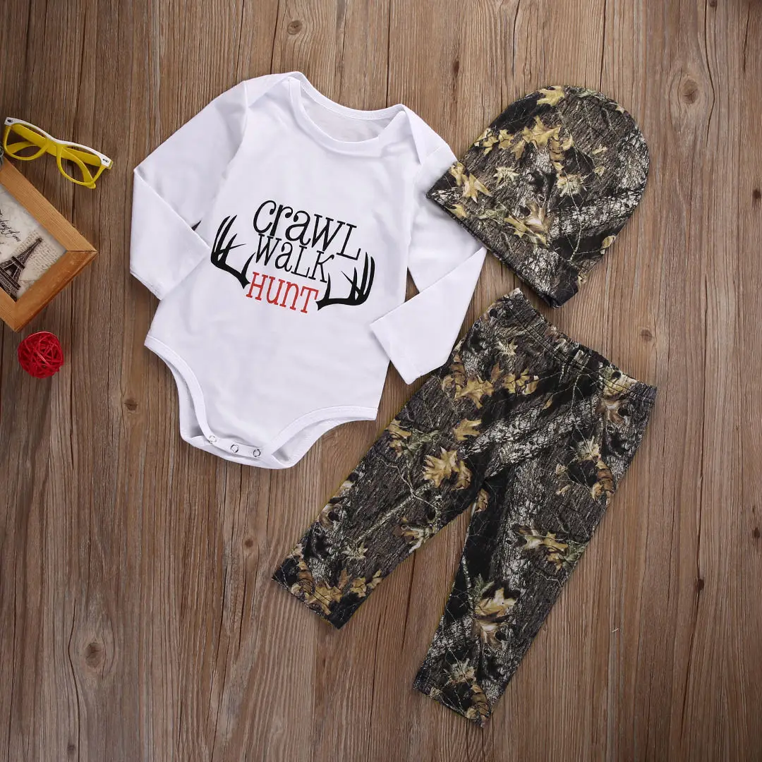 3pcs Kids Baby Boy Girls Clothes Set Newborn Infant Printed Letter White Tops Romper +Pants Hat Outfits Sets