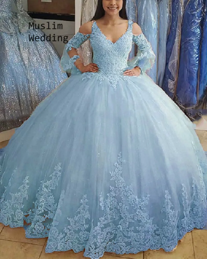 Prinses Geel Quinceanera Jurken Baljurk Roze Blauwe Zoete 16 Jurk Sexy V-hals Puffy Prom Jurk Met Mouwen Goedkope 2020