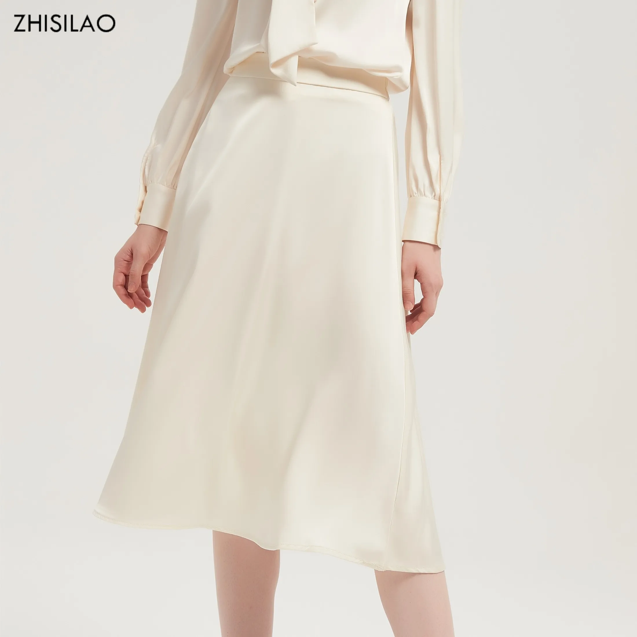 

ZHISILAO Silk Satin Long Skirt Women Elegant Office Lady Vintage Elastic Waist A-line Skirt Midi Summer 2021 Mujer Moda