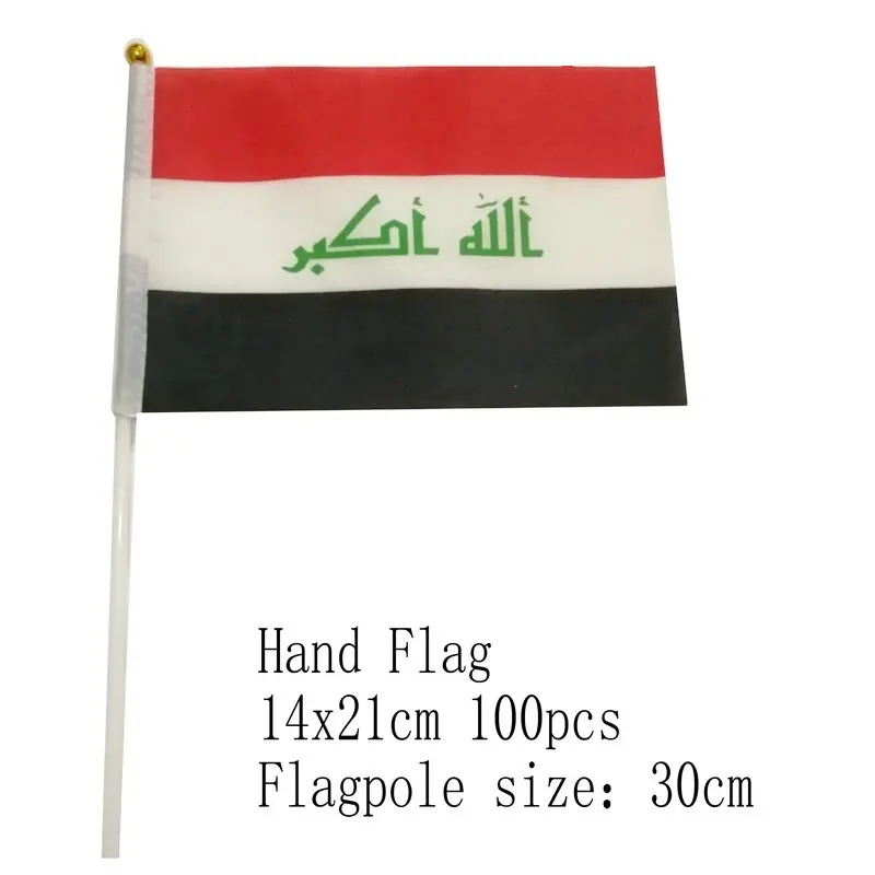 Iraq Hand Flag 14*21cm 10/20/50/100pcs polyester Iraq Small Hand waving Flag with plastic flagpole for decoration