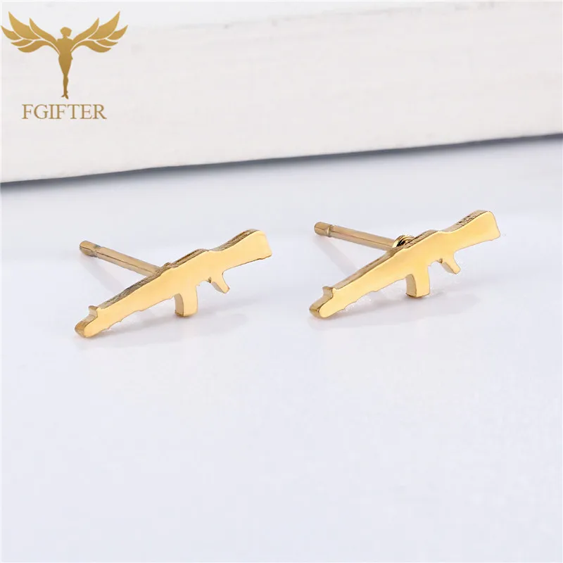 Rock Women Men Jewelry AK 47 Rifle Gun Design Stud Earrings For Boys Golden Stainless Steel Earings Wholesale 12 Pairs Pack image 4