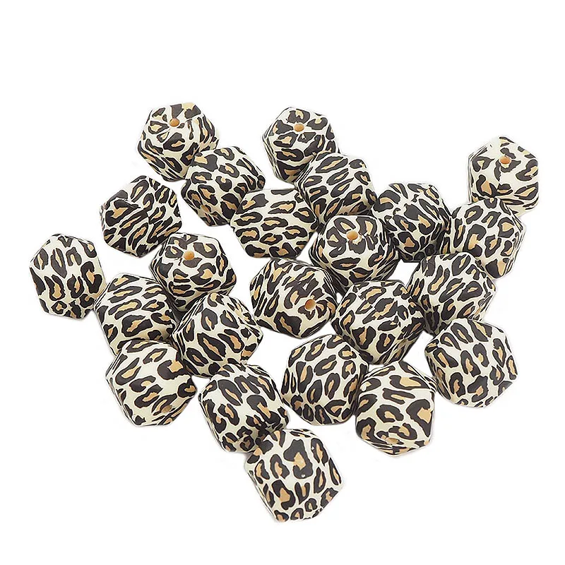 Chenkai 50PCS Silicone 14MM 17MM Hexagon Leopard Beads BPA Free DIY Bead Chewing Pacifier Dummy Baby Teether Chain Accessories