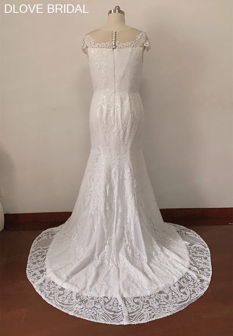 Lentejuelas maravillosas vestido de novia de encaje con tren largo desmontable