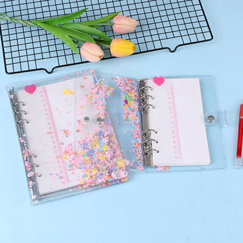 A5/A6 Cute Transparent PVC Glitter Sequins Notebook Cover Office School 6 Rings Binder Spiral Planner Agenda Organizer Notebooks