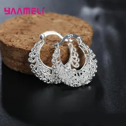 Ethnic Vintage Pattern Hoop Earrings 100% 925 Sterling Silver Real S925 Jewelry Woman Famle Wedding Engagement Party Gifts