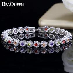 BeaQueen Lovely Colorful Flower Crystal White Gold Color Jewelry Micro Paved Cubic Zirconia Stone Cute Bracelets for Ladies B099