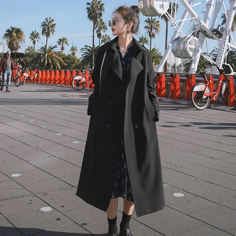 

Brand Pop Fashion Women Trench Coat Black Double-Breasted with Belt Long Duster Coat for Lady Spring Autumn Female Outerwear