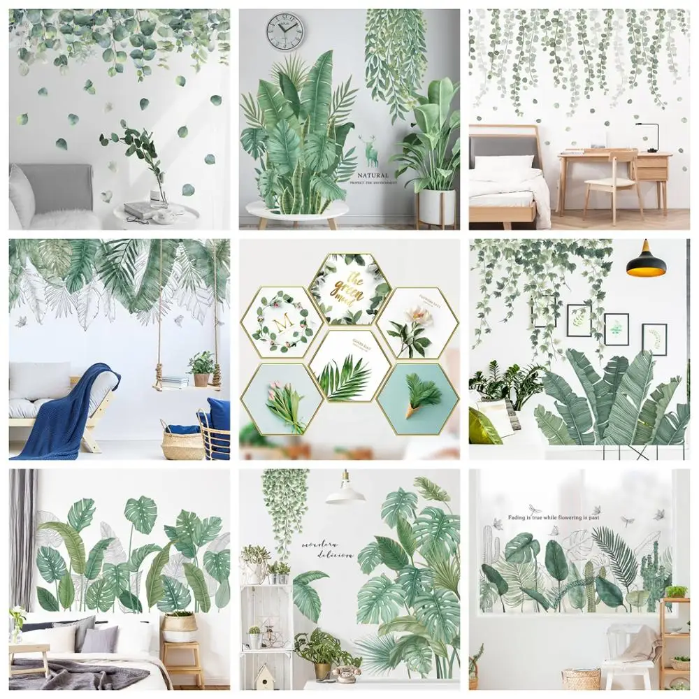 LuanQI Green Leaves Wall Stickers For Home Living Room Decorative Vinyl Wall Decal Tropical Plants DIY Kid Door Murals Wallpaper