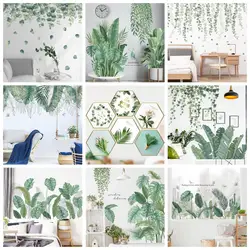 LuanQI-Folhas Verdes Adesivos de Parede para Casa, Sala Decorativa Vinil Decalque, Plantas Tropicais, DIY Kid Door Murais, Papel de Parede