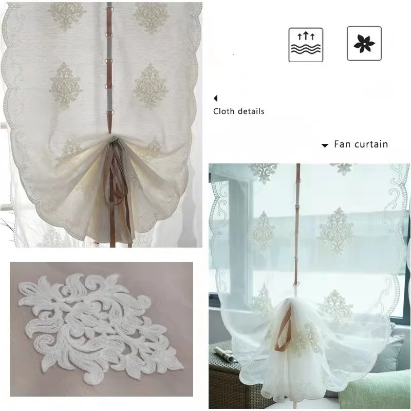 Window Curtain Embroidery Tie-Up Roman Balloon Curtains, Sheer Valance, Shade for Bedroom, Living Room, Kitchen Fan
