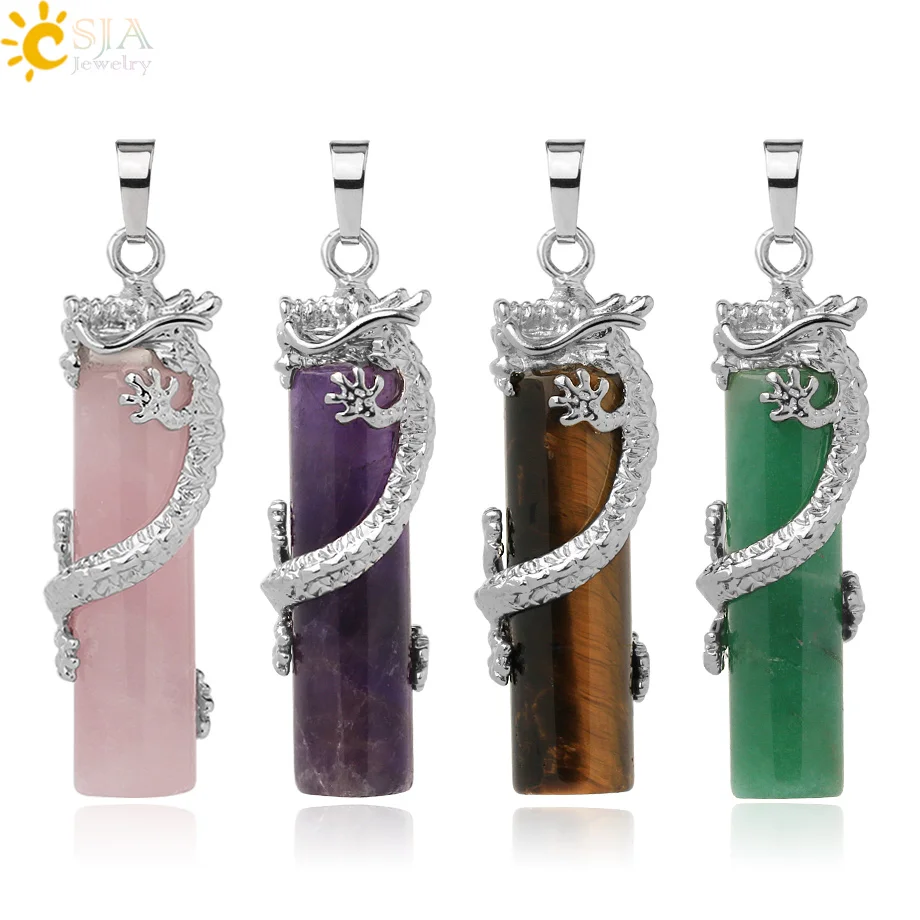 CSJA Reiki Dragon Wrap Drop Natural Stone Pendant Female Male Jewelry Opal Pink Quartz Gem Pendulum Amulet Jewellery E181