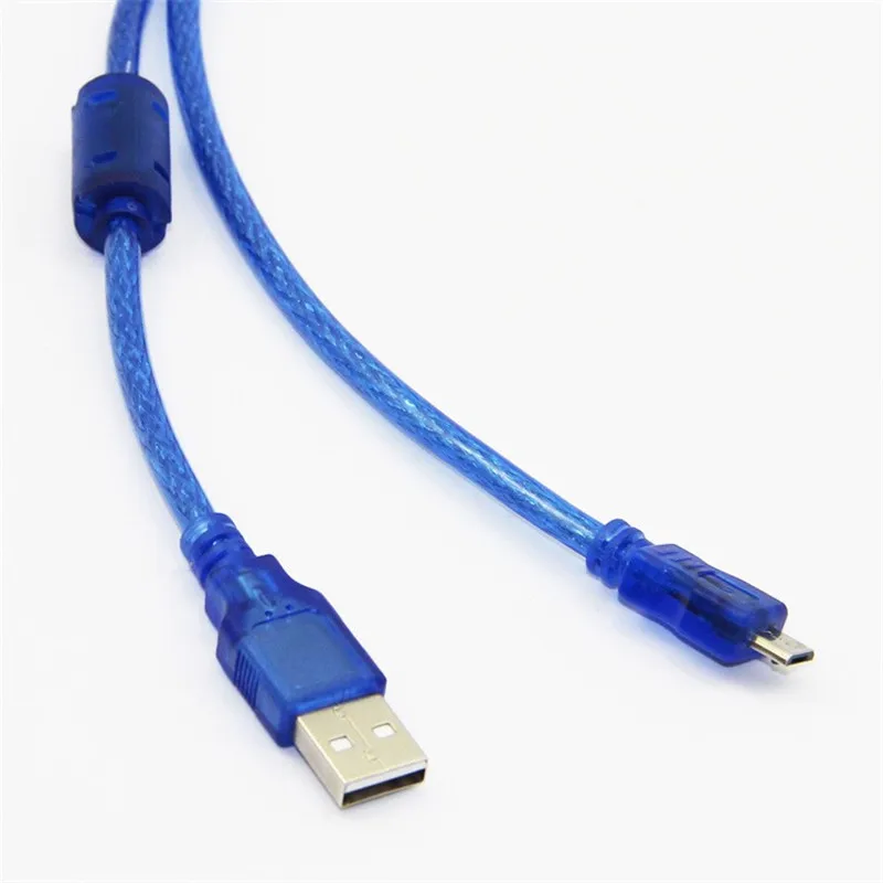Micro USB 2.0 USB-A to Micro-B แบบ Dual ถักฟอยล์โปร่งใสสีฟ้า 0.3m 0.5m 1.0m 1.5m 3m 5m