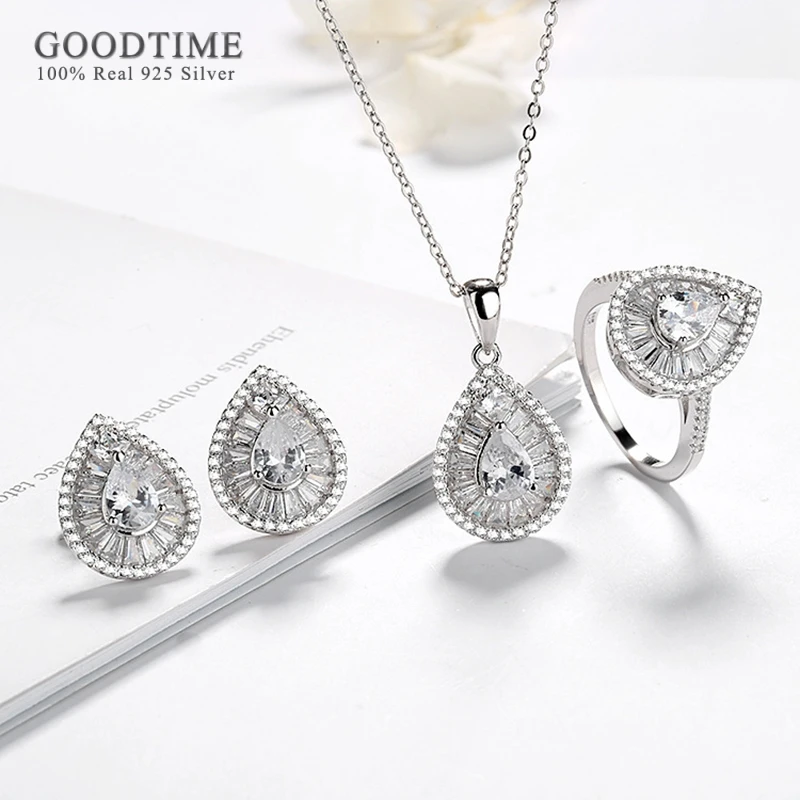 Luxury 925 Sterling Silver Bridal Jewelry Sets Water Drop Zircon Necklace Earrings Ring Rhinestone Accessories For Women Party