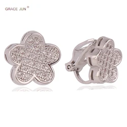 GRACE JUN New Flower Clip on Earrings No Pierced Gorgeous Bride Wedding AAA Cubic Zircon No Hole Earrings High Quality Ear Clip